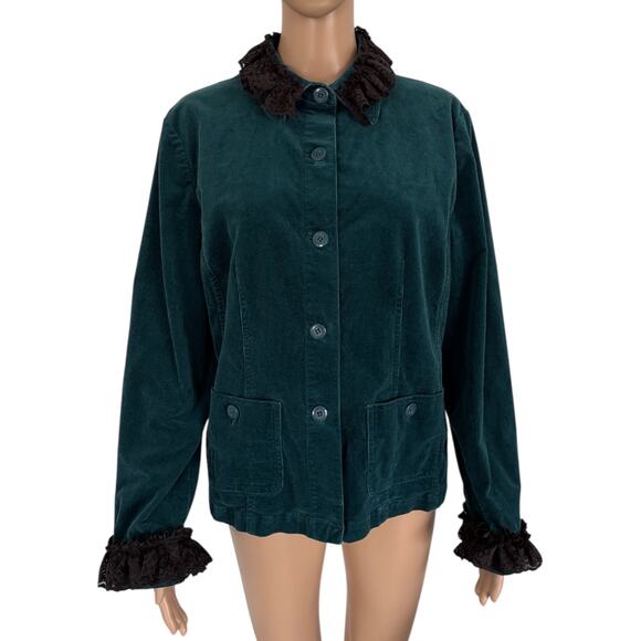Upcycled Whimsigoth Teal Corduroy Jacket Black Cat Patch Lace Ruffle Salem 12 - Picture 2 of 8